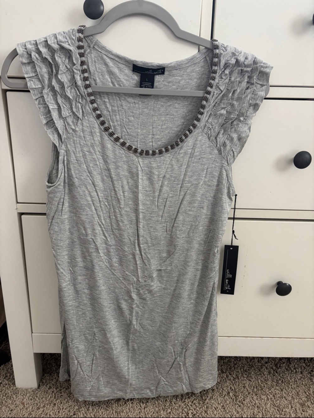 Willi Smith Light Gray Beaded Scoop Neck Ruffle-Sleeve Tank